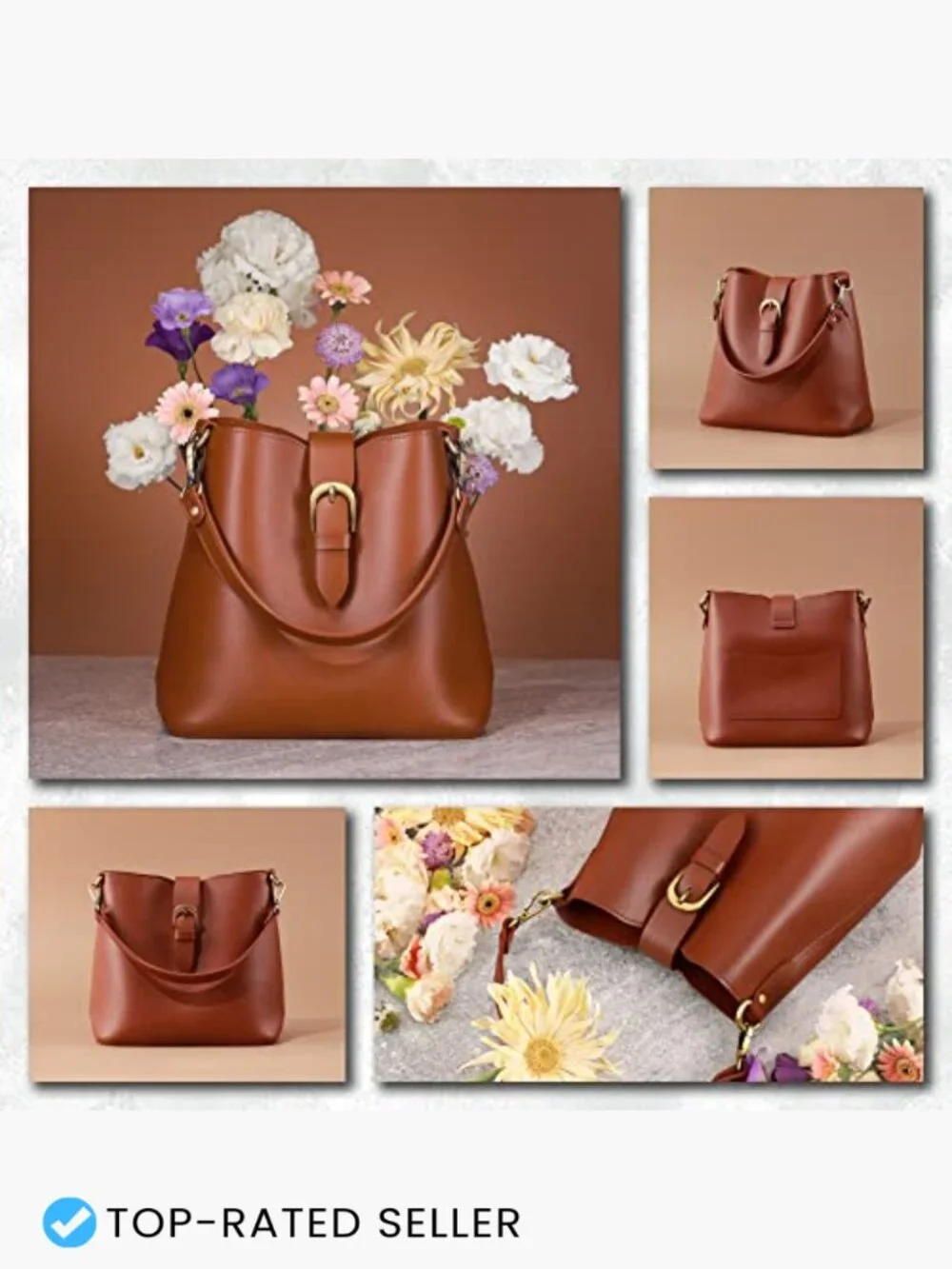 Vegan Leather Bucket Bag Retro Hobo Shoulder Purse Faux Suede Lining Adjustable